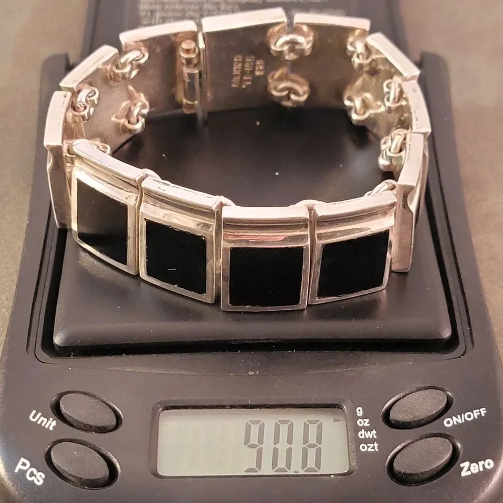 Vintage Taxco Heavy Squares Onyx Sterling Silver Statement Link Bracelet
